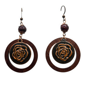 Boho Earrings Hoop Rose Medallion Dangle Copper Bronze Tone Bead Drop SKU2812